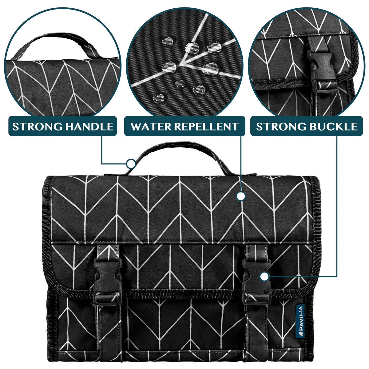 PAVILIA hanging cosmetics bag on a shower hook for convenient storage.