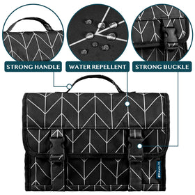 PAVILIA hanging cosmetics bag on a shower hook for convenient storage.