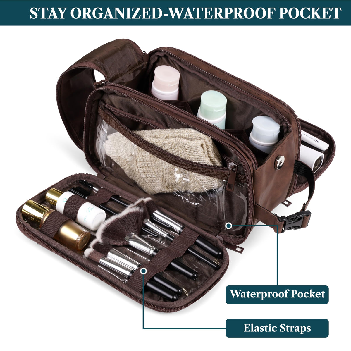 PAVILIA leather water-resistant bag protects items during travel.