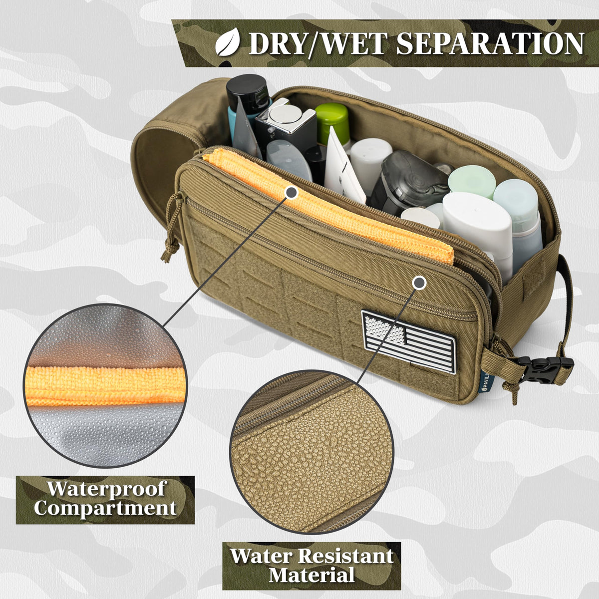 PAVILIA tactical toiletry bag back view highlighting MOLLE attachment points