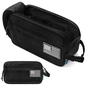PAVILIA tactical toiletry bag front MOLLE panel for easy access and personalization.