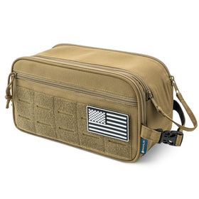 PAVILIA tan travel toiletry bag in use during gym trip