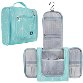 PAVILIA Teal Chevron hanging toiletry bag with spacious main compartment.