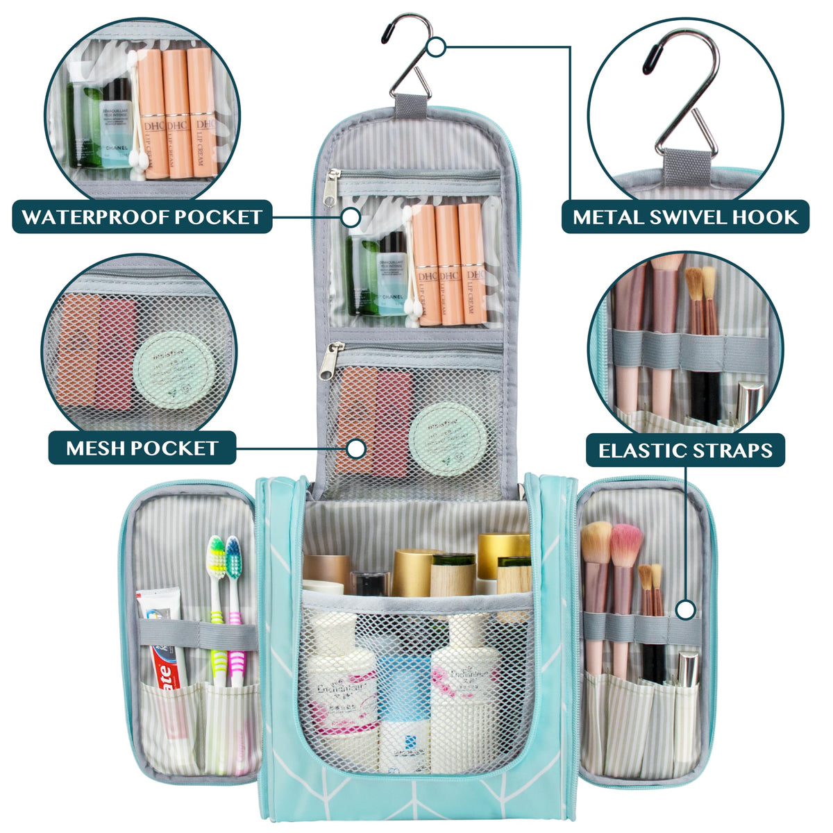 PAVILIA Teal Chevron interior showing six mesh pockets for organization.