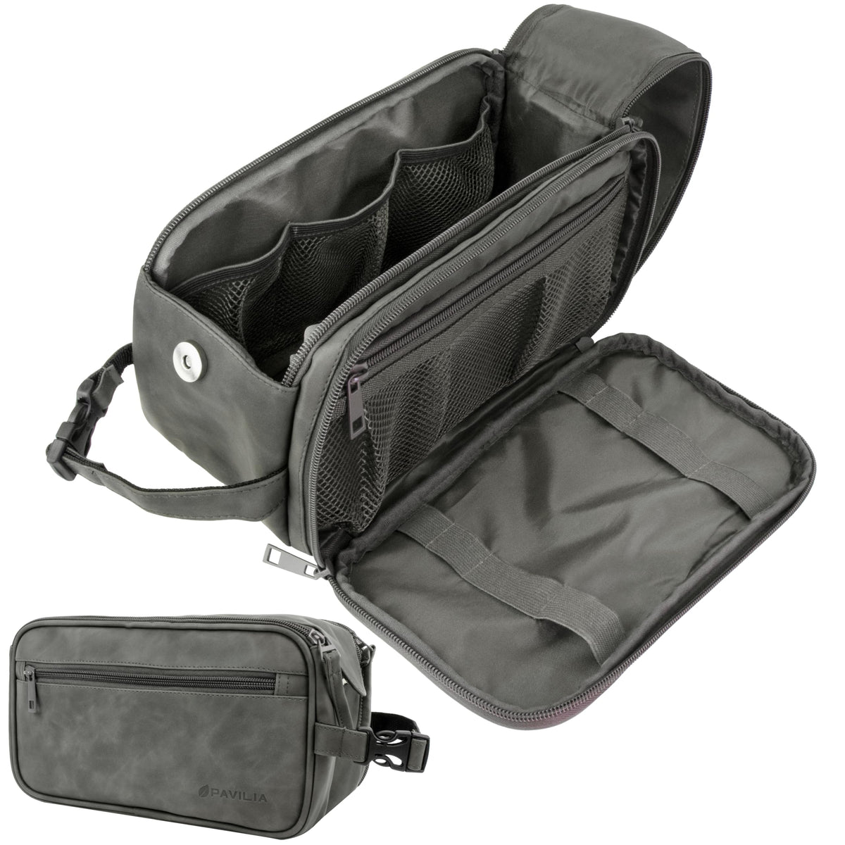 PAVILIA dark grey toiletry bag front view, compact travel companion for organized grooming.