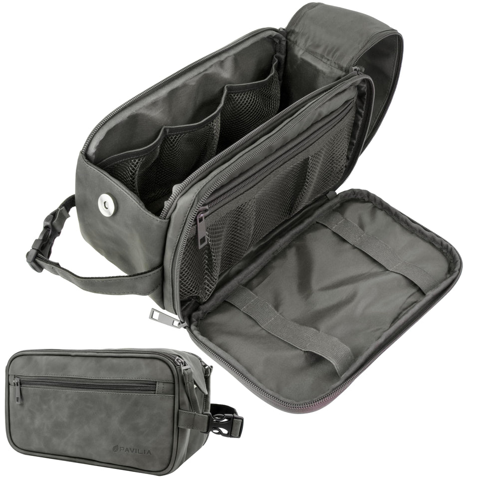 PAVILIA dark grey toiletry bag front view, compact travel companion for organized grooming.