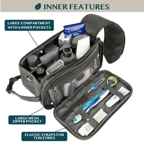 PAVILIA toiletry bag with hanging buckle for easy access in hotel bathrooms.