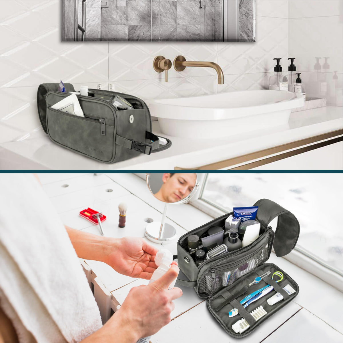 PAVILIA toiletry bag large opening for quick access to shaving items.