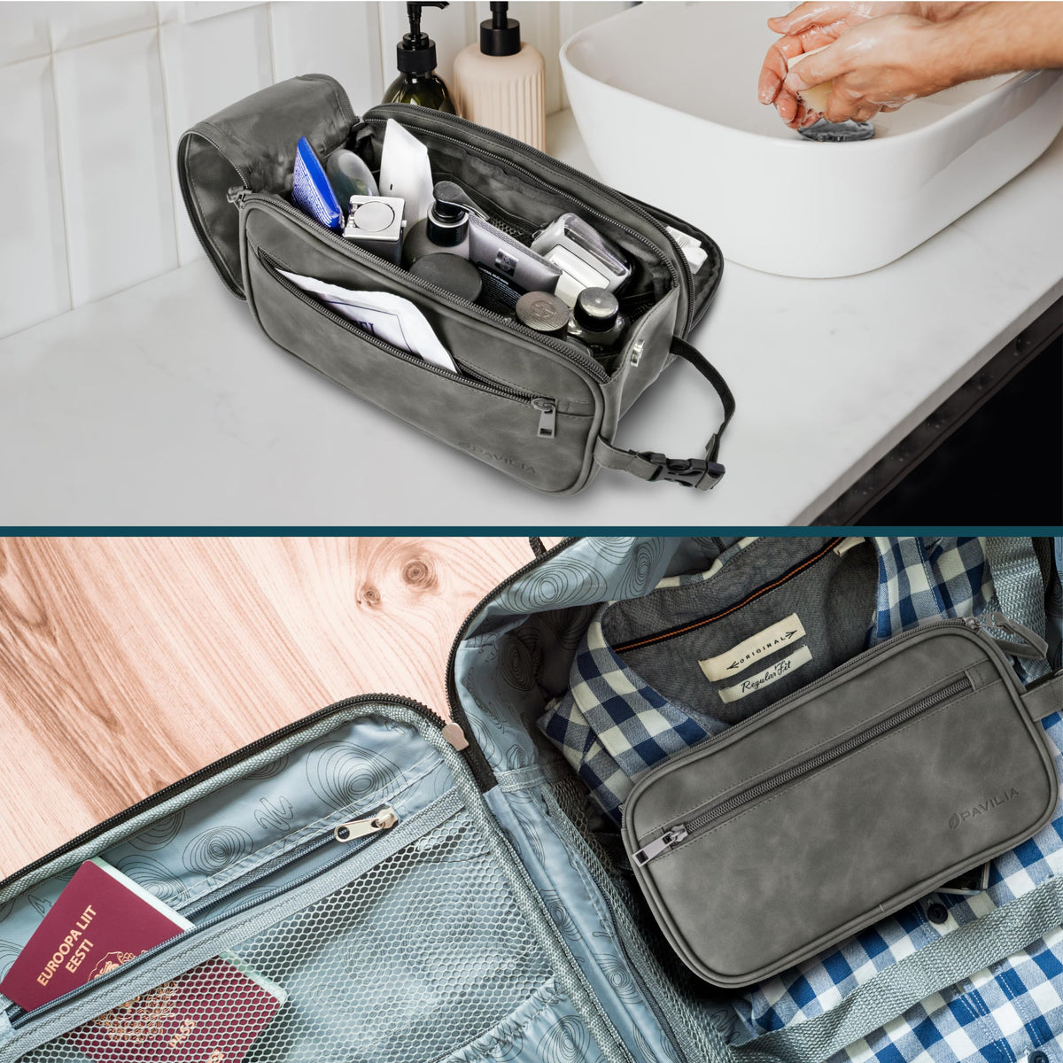 PAVILIA toiletry bag side-pocket detail organizes small tools for travel.