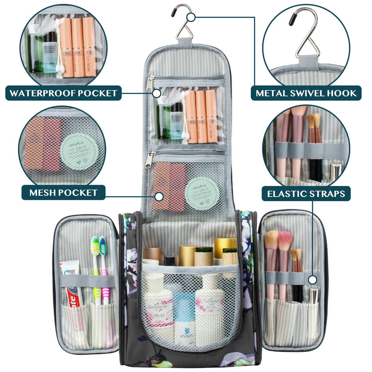 PAVILIA Toiletry Bag side pockets for brushes and small items
