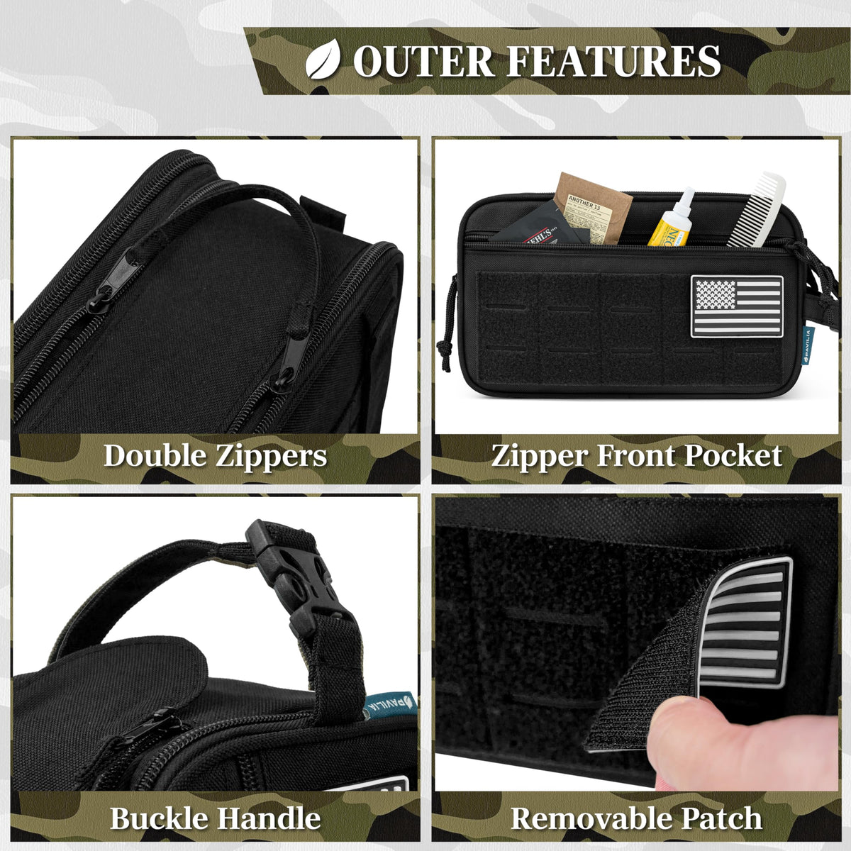 PAVILIA bag water-resistant fabric exterior protecting contents during travel.