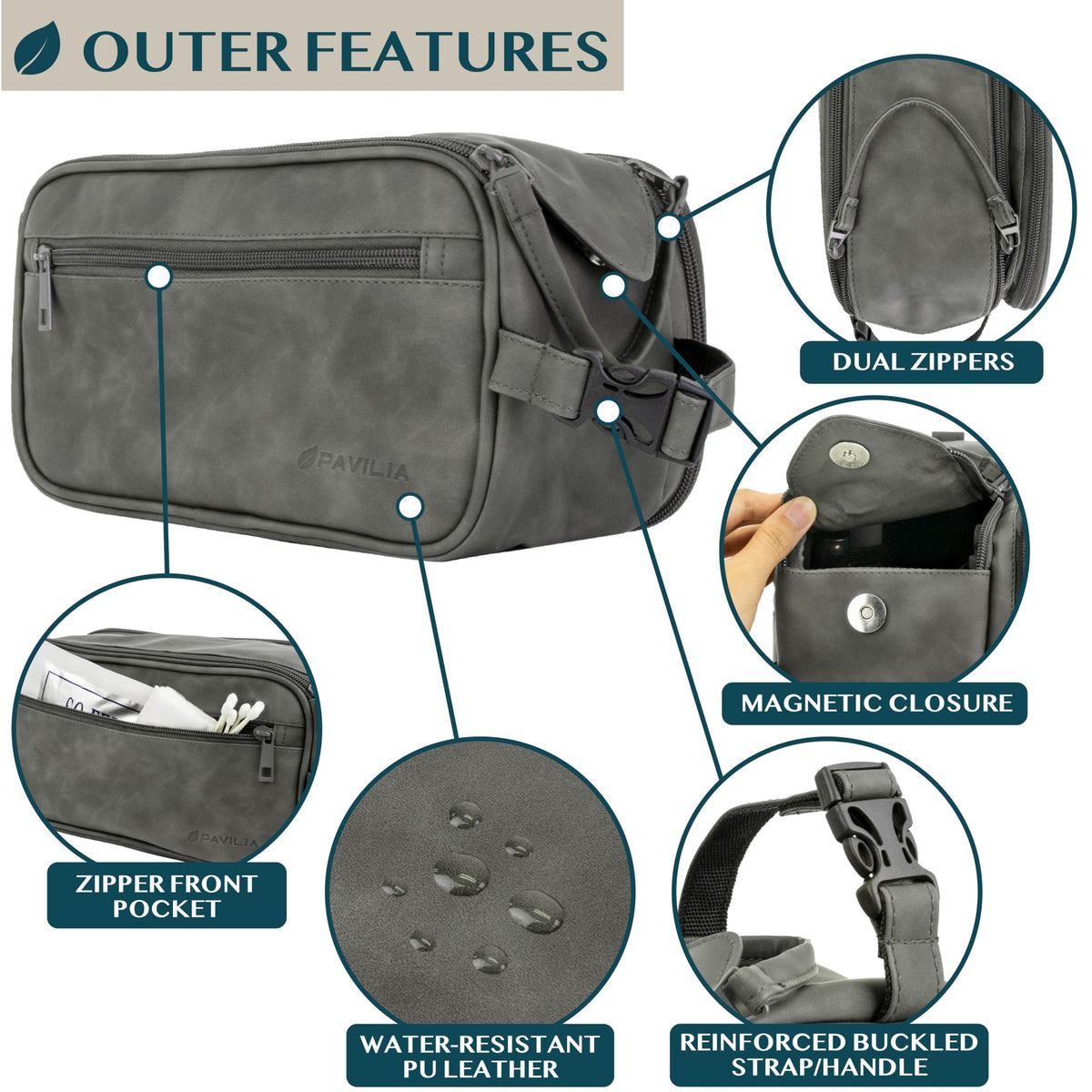PAVILIA toiletry bag in water-resistant PU leather protects contents during travel.