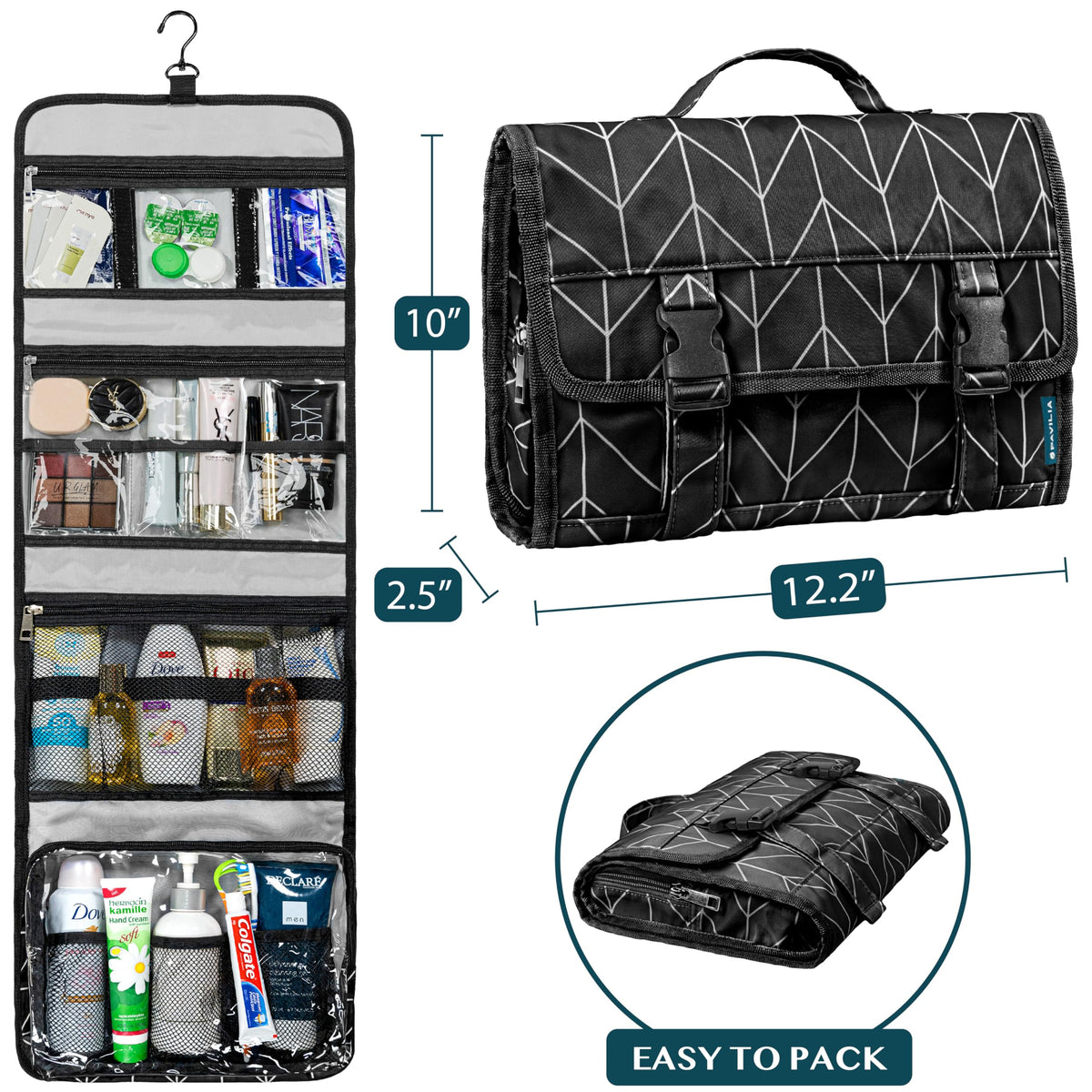 PAVILIA travel hanging toiletry bag folded with front pocket for quick essentials.