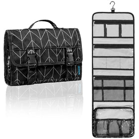 PAVILIA travel hanging toiletry bag open with organized compartments for cosmetics.