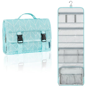 PAVILIA travel hanging toiletry bag in teal chevron, folded front pocket for essentials.