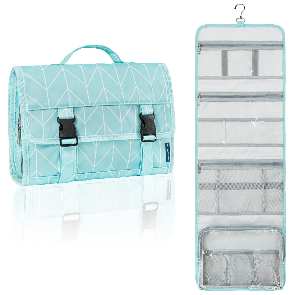 PAVILIA travel hanging toiletry bag in teal chevron, folded front pocket for essentials.