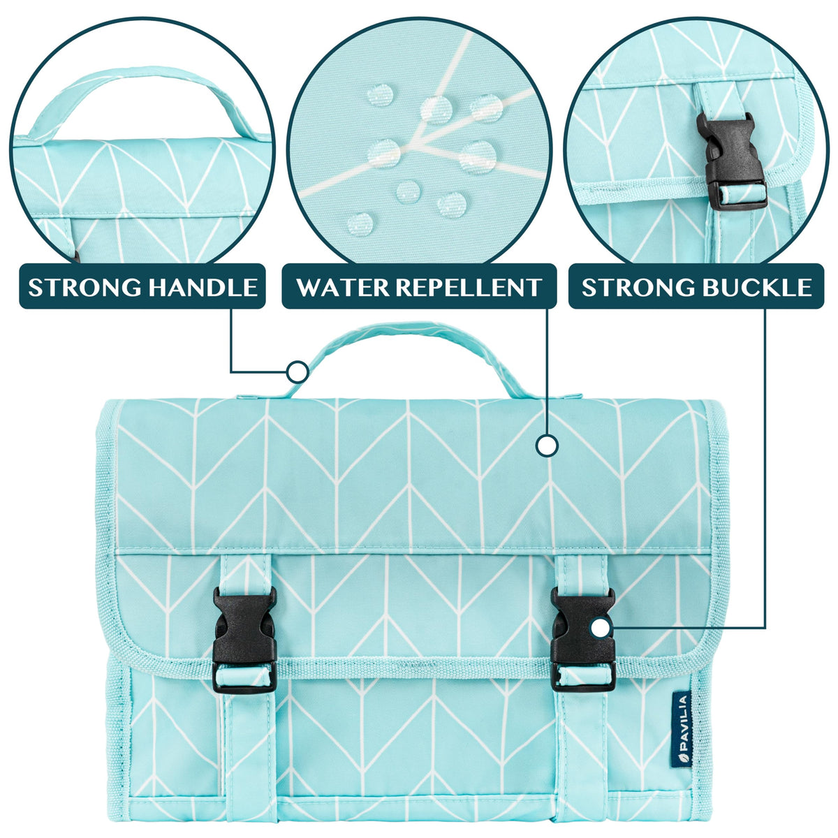 PAVILIA teal chevron bag with padded compartments protects bottles during flights.