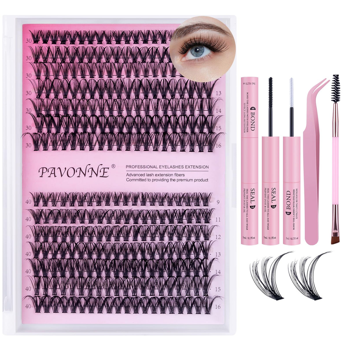 PAVONNE lash clusters kit 280pcs for quick at-home eyelash extensions.