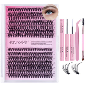 PAVONNE lash clusters kit 280pcs for quick at-home eyelash extensions.