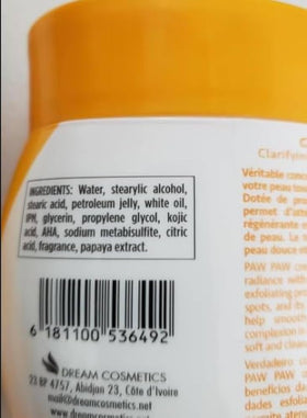 PAW PAW Papaya Cream 300ml label closeup highlights papaya formula for even-toned skin