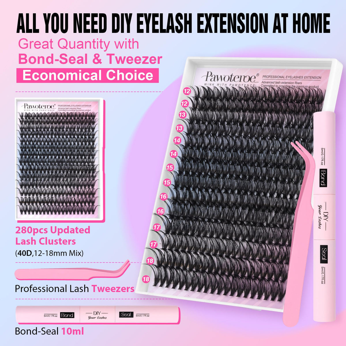 Pawotence 40D cluster lashes 12-18 mm for fuller, natural-looking volume.