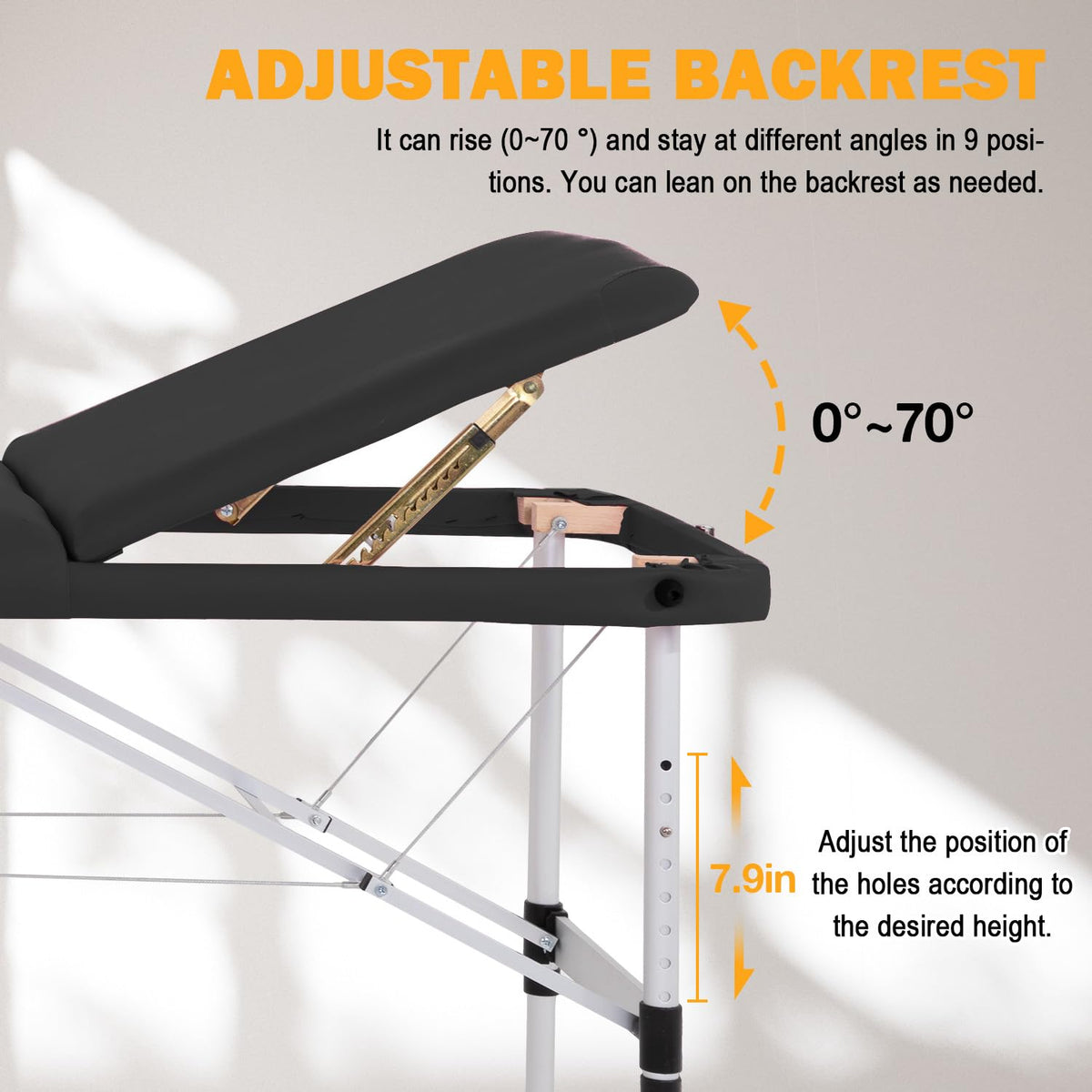 PayLessHere lash bed headrest adjusts from 0 to 90 degrees for positioning.