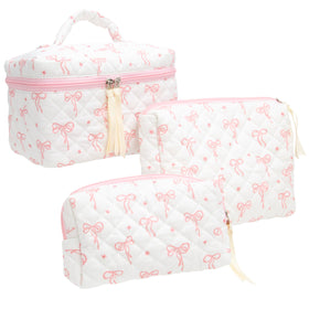 PAZIMIIK Bow Pink quilted exterior makeup bag for elegant daily organization.