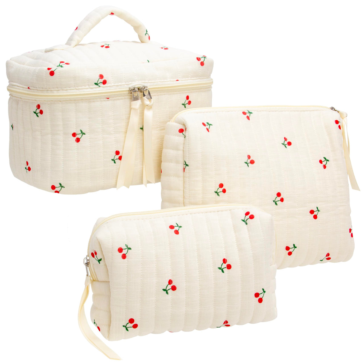 PAZIMIIK cherry beige makeup bag with quilted exterior for stylish travel organization.
