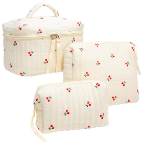 PAZIMIIK cherry beige makeup bag with quilted exterior for stylish travel organization.