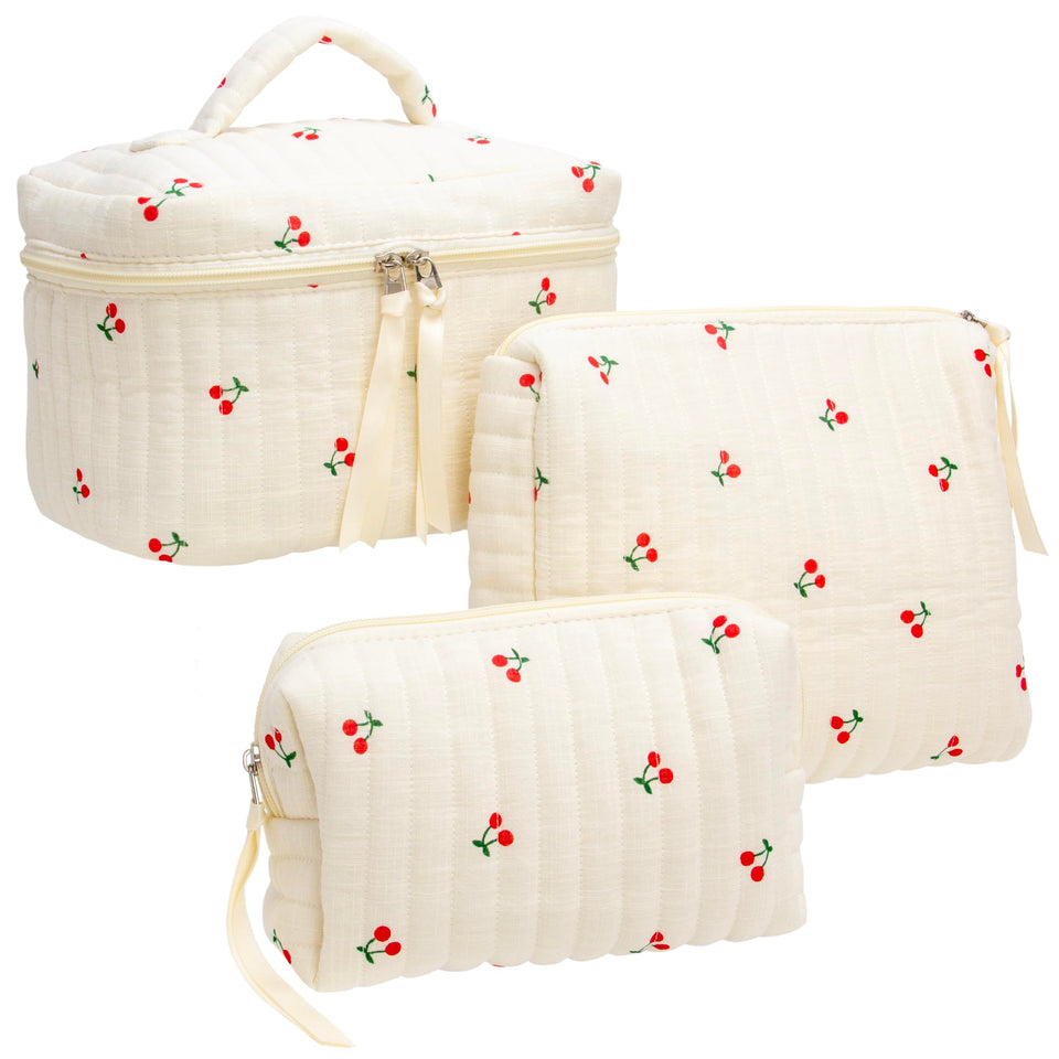 PAZIMIIK cherry beige makeup bag with quilted exterior for stylish travel organization.