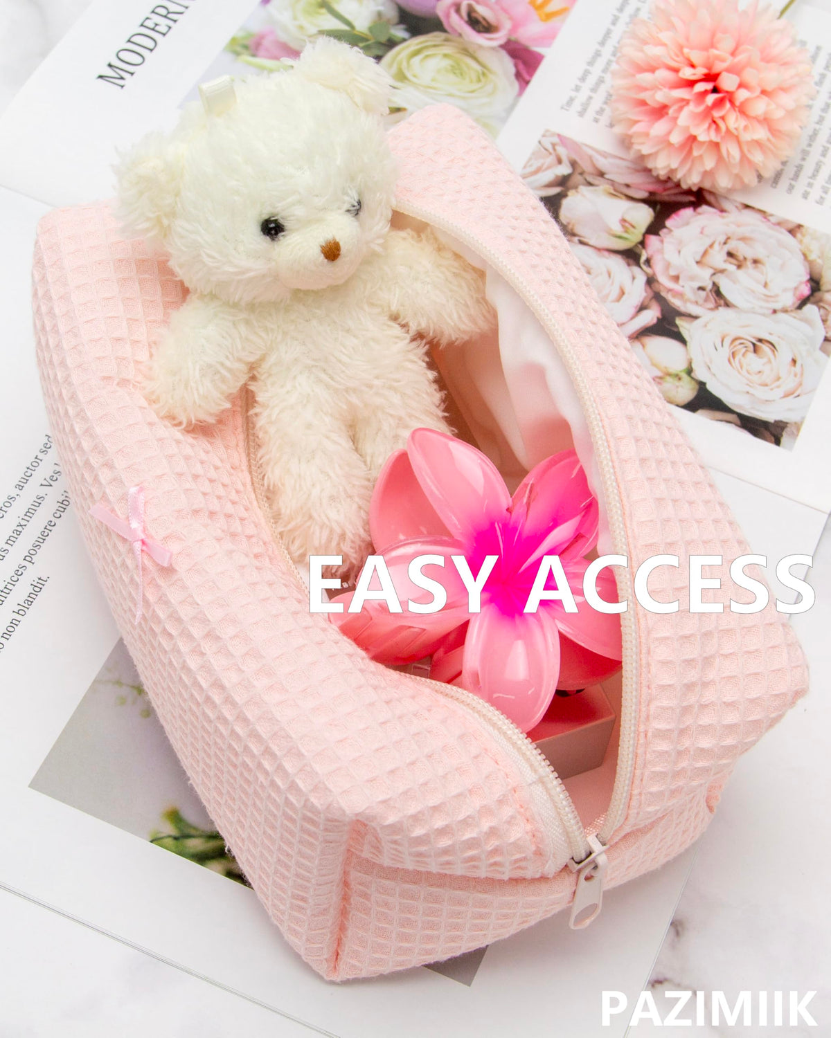 PAZIMIIK cozy makeup bag in light pink, second view showing compact travel setup.