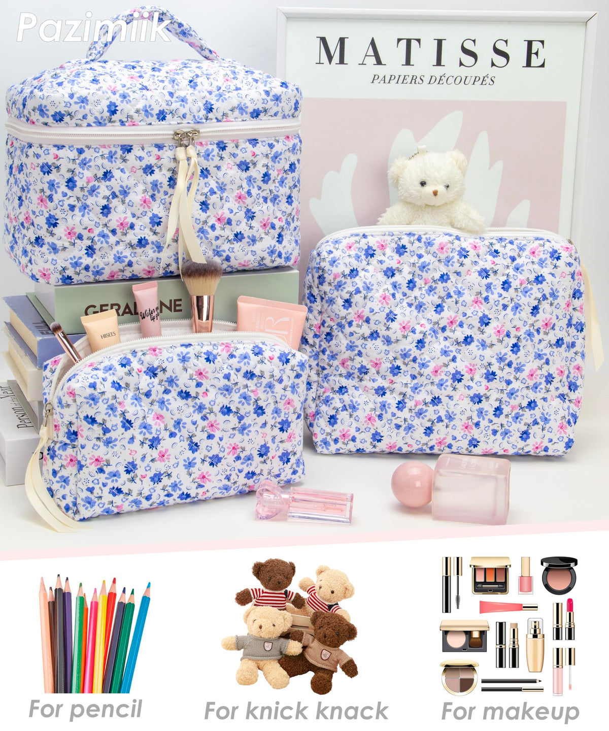 PAZIMIIK 3-piece floral blue set for complete makeup storage
