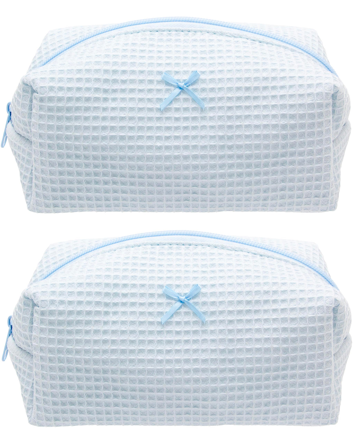 PAZIMIIK cozy makeup bag in blue waffle-check, front view showing organized compartments