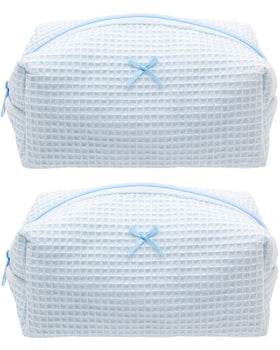 PAZIMIIK cozy makeup bag in blue waffle-check, front view showing organized compartments