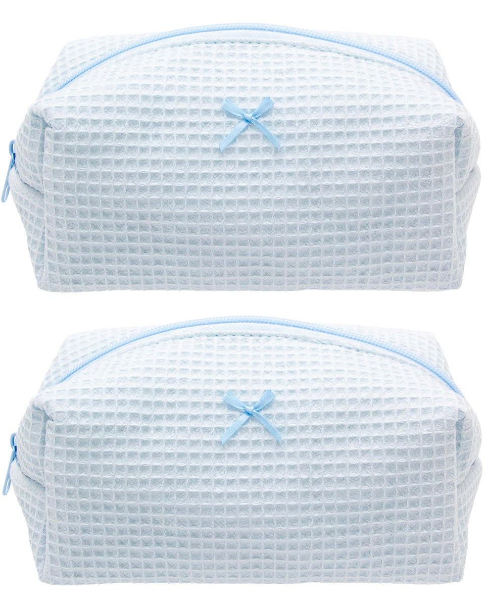 PAZIMIIK cozy makeup bag in blue waffle-check, front view showing organized compartments