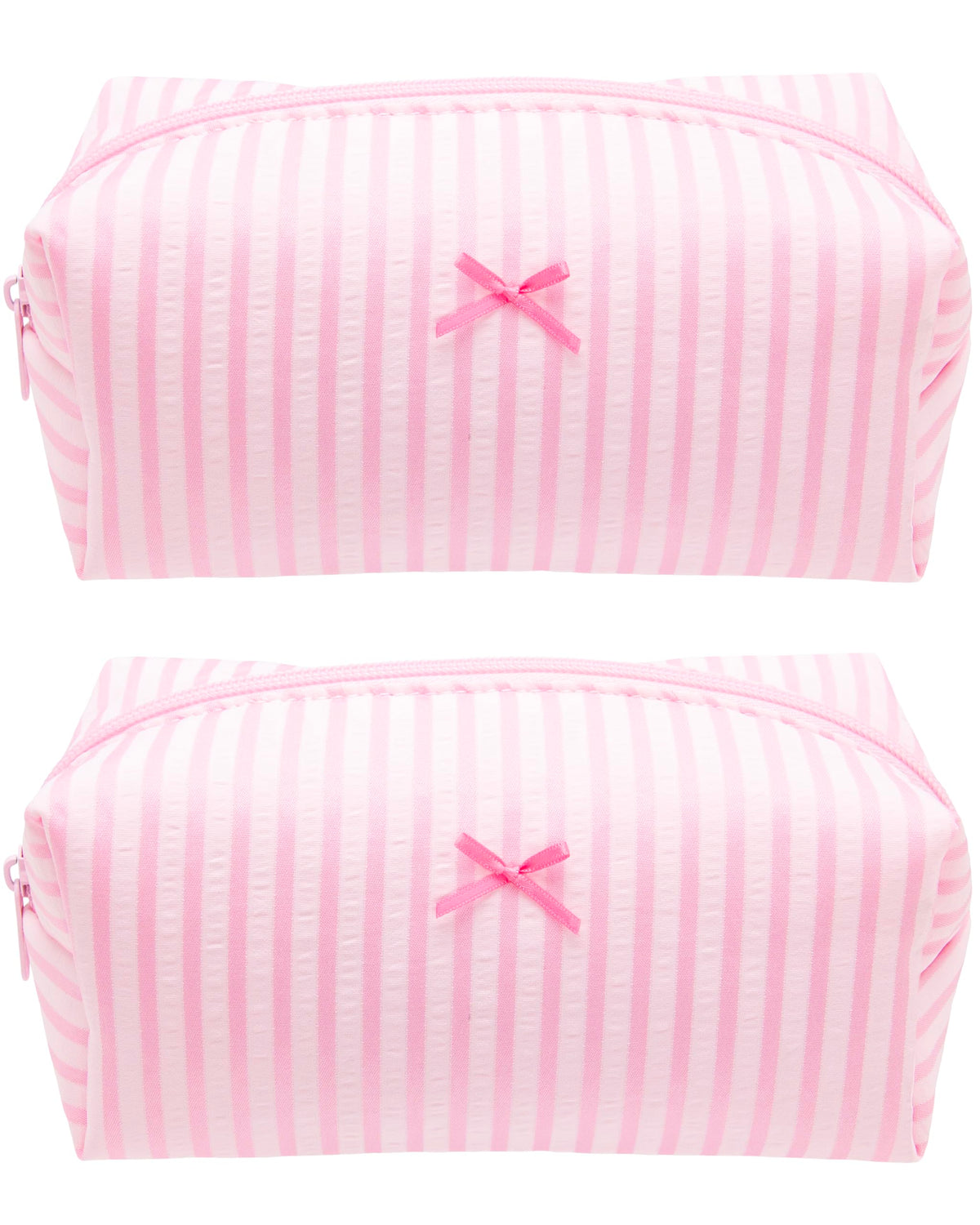 PAZIMIIK Cozy makeup bag in stripe pink; compact travel-friendly organizer for cosmetics.