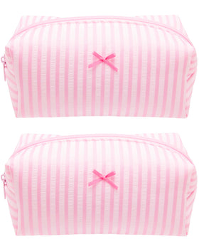 PAZIMIIK Cozy makeup bag in stripe pink; compact travel-friendly organizer for cosmetics.
