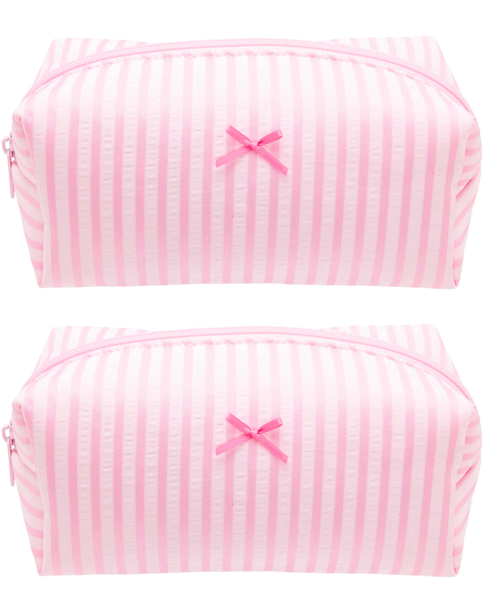 PAZIMIIK Cozy makeup bag in stripe pink; compact travel-friendly organizer for cosmetics.