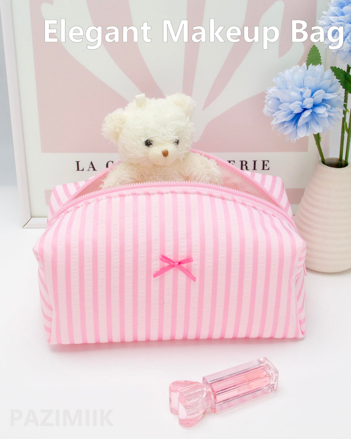 PAZIMIIK stripe-pink bag; lightweight travel-friendly design for daily cosmetics and skincare.