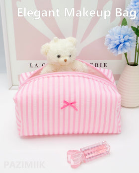 PAZIMIIK stripe-pink bag; lightweight travel-friendly design for daily cosmetics and skincare.