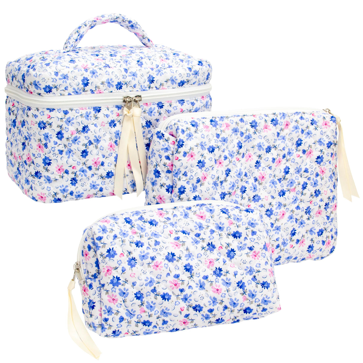 PAZIMIIK floral blue quilted makeup bag exterior for stylish organization