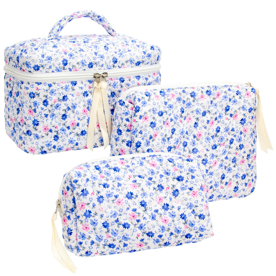 PAZIMIIK floral blue quilted makeup bag exterior for stylish organization