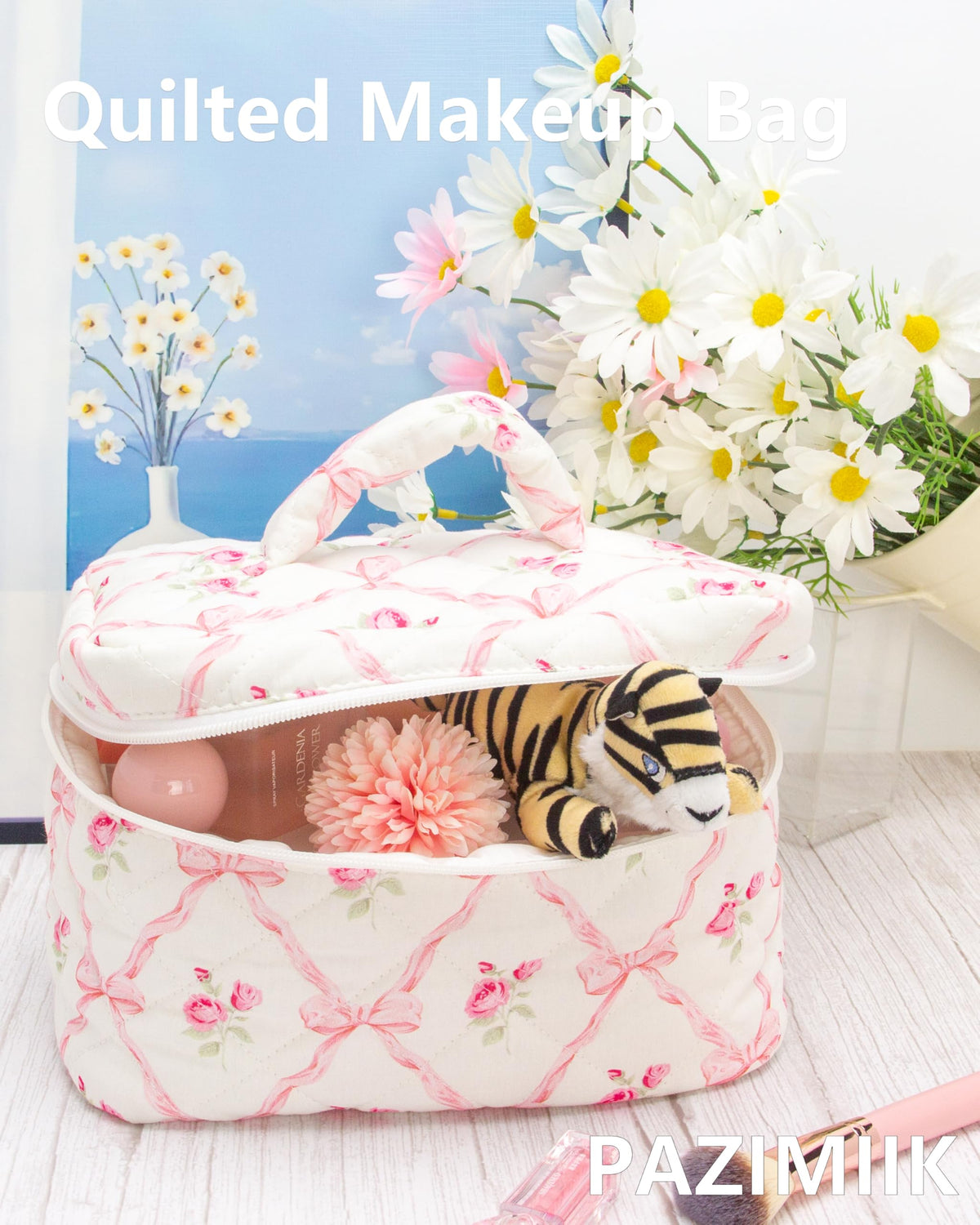 PAZIMIIK quilted makeup bag mesh pocket for brushes and small items