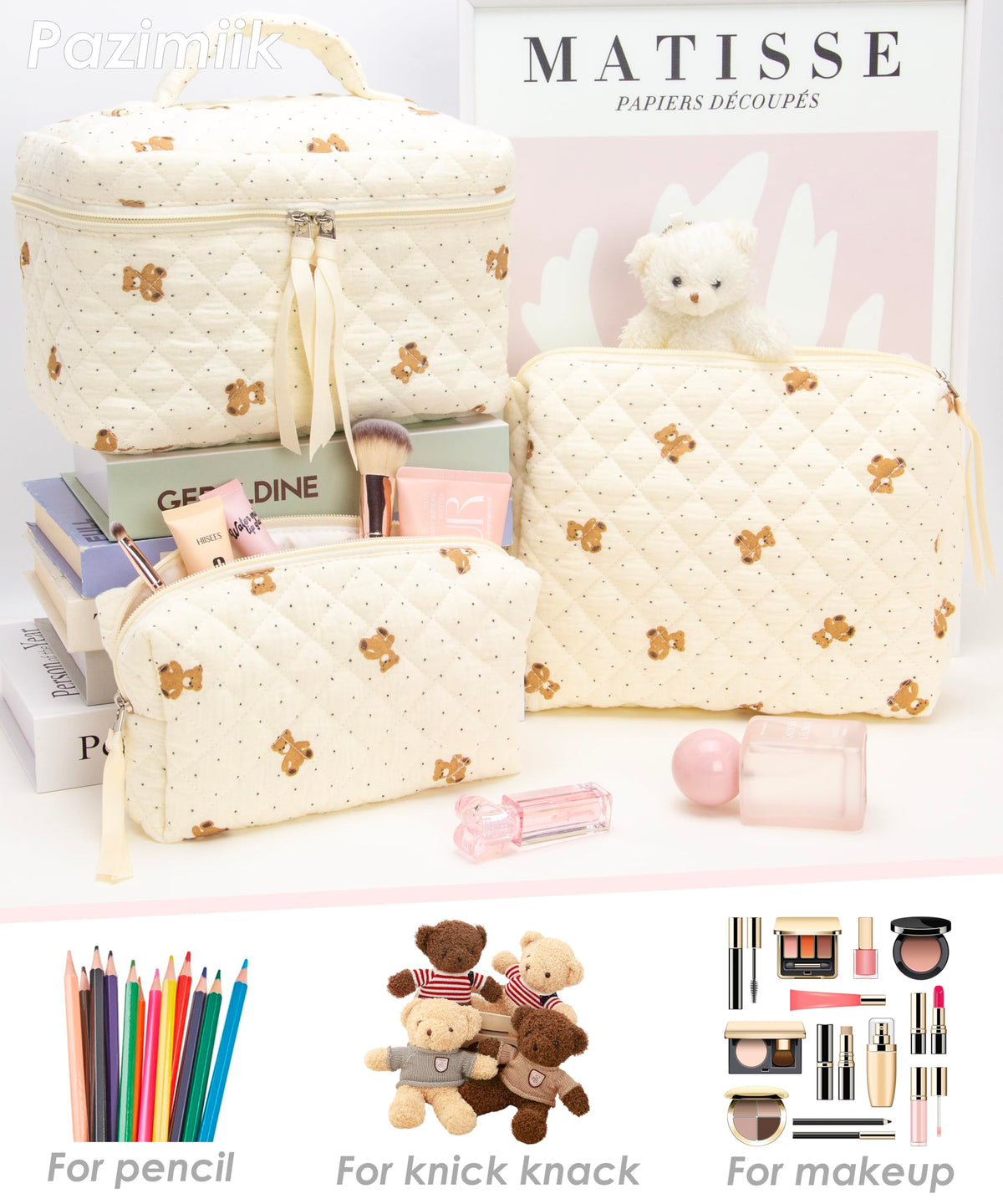 PAZIMIIK three-piece set shown for organized cosmetics on the go.