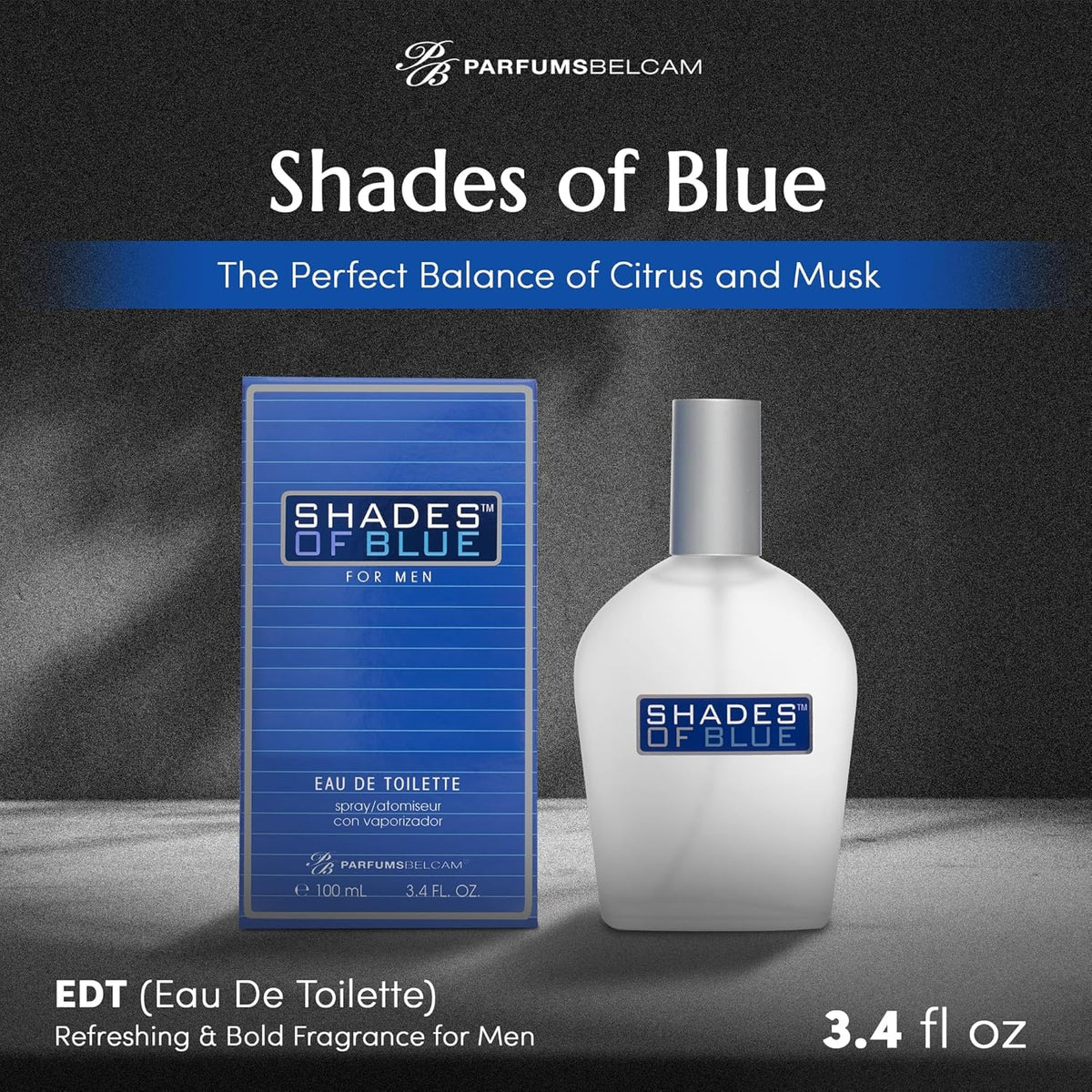 PB ParfumsBelcam Shades of Blue bottle closeup, crisp citrus profile for everyday wear.