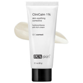 PCA Skin CliniCalm bottle closeup shows post-treatment soothing relief and fragrance-free comfort