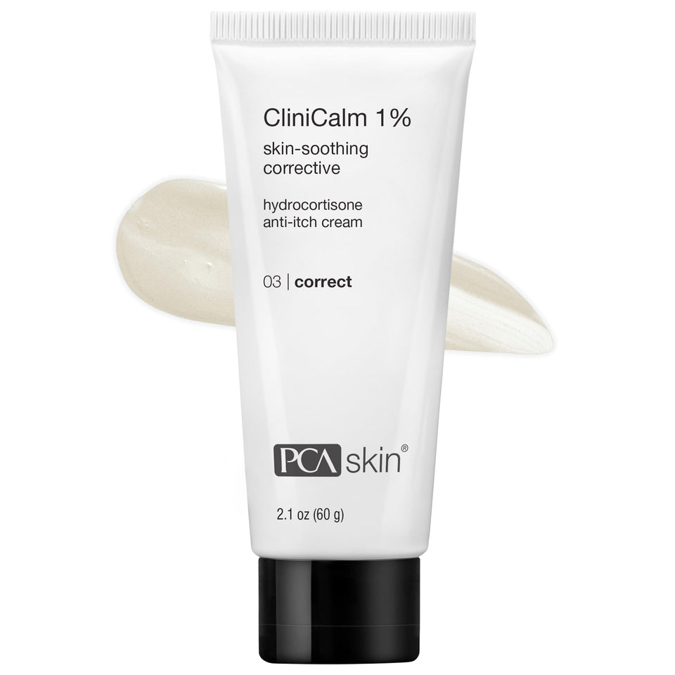 PCA Skin CliniCalm bottle closeup shows post-treatment soothing relief and fragrance-free comfort