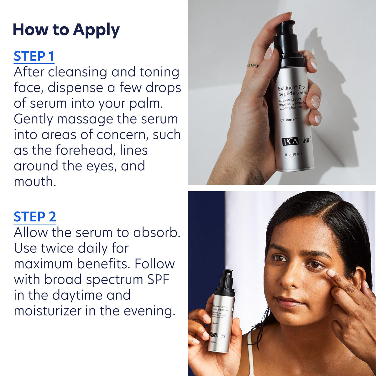 PCA Skin ExLinea Pro Peptide Serum near eyes and mouth to illustrate lifting potential.