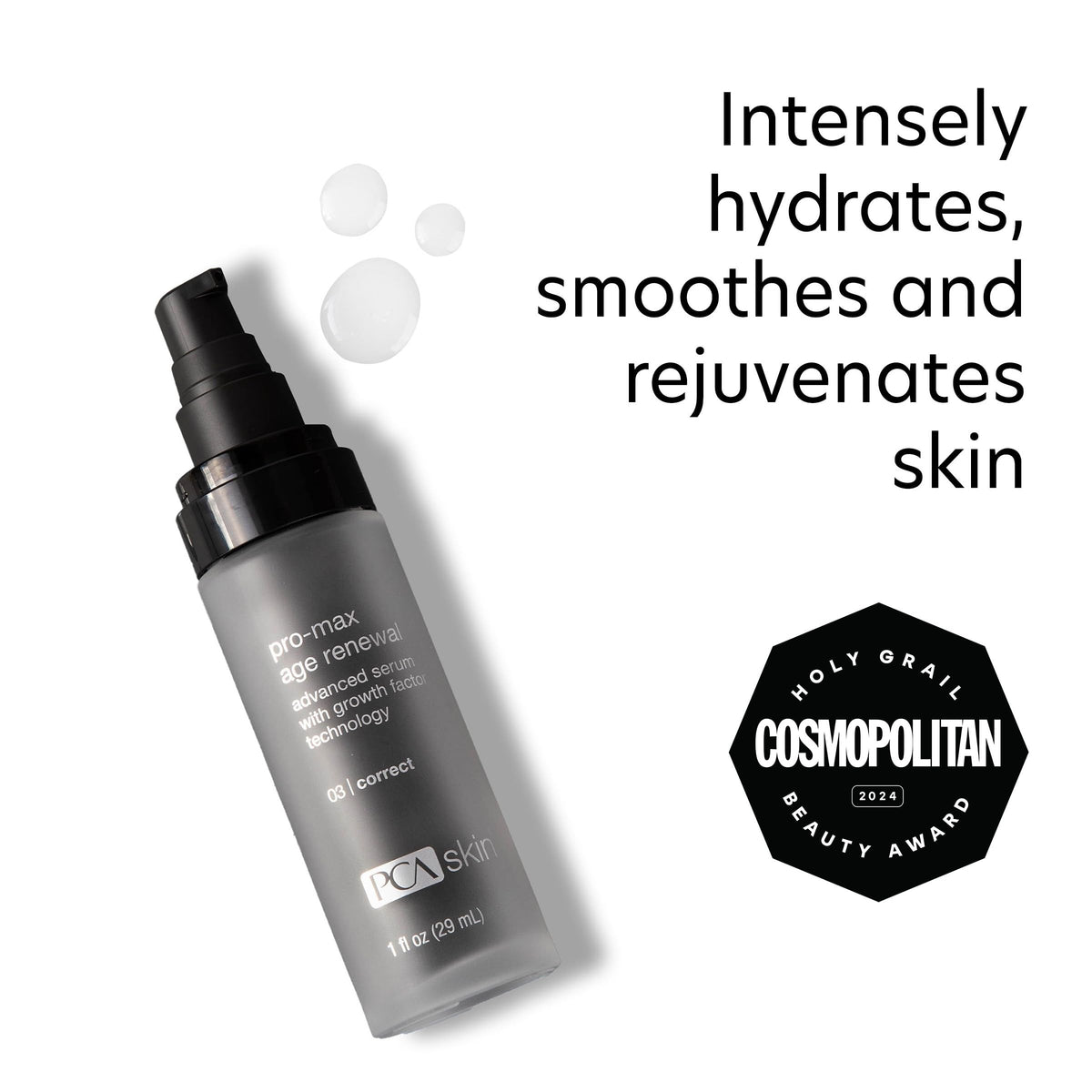 Close-up of PCA SKIN Pro Max Age Renewal serum texture, smooth spread.