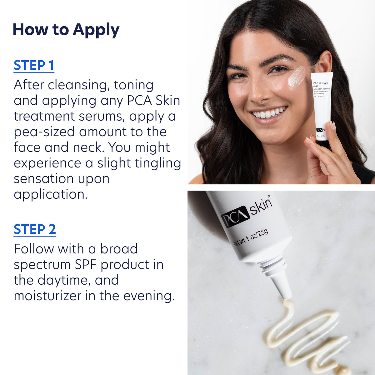 PCA SKIN Strength Max serum showing pea-sized application amount